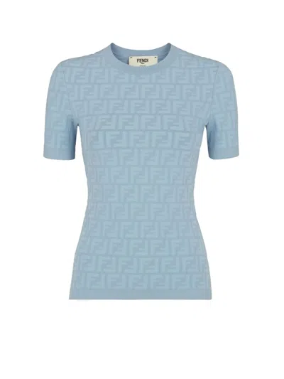 Shop Fendi Viscose T-shirt With All-over Embossed Ff Motif In Pale Blue