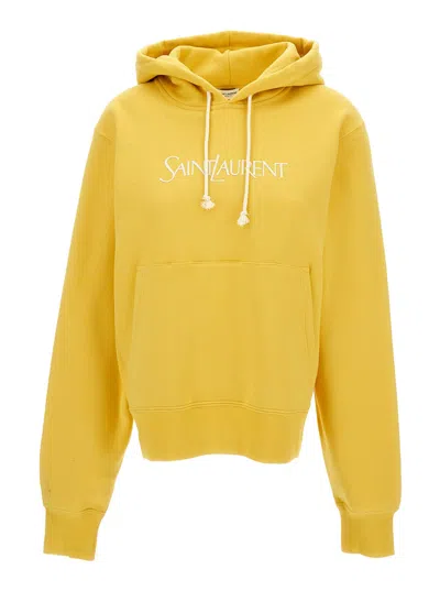 Shop Saint Laurent Yellow Hoodie With Logo Embroidery In Cotton Woman
