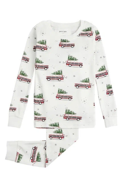 Shop Petit Lem Christmas Station Wagon Print Cotton Fitted Two-piece Pajamas In Owh Off White