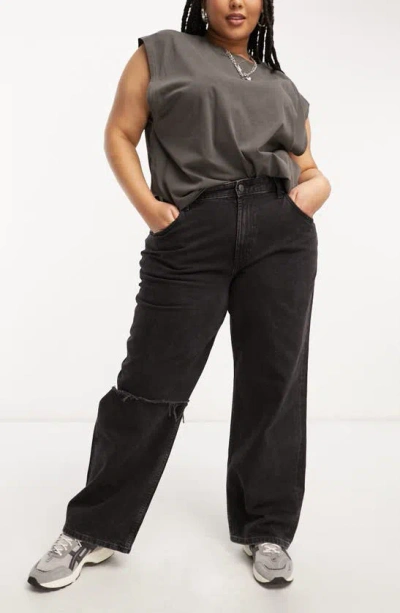 Shop Asos Design Curve Ripped Baggy Boyfriend Jeans In Black
