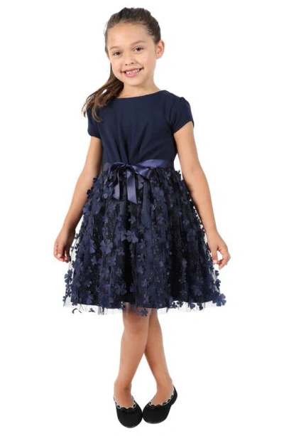 Shop Little Angels Kids' 3d Floral Mesh Dress In Navy
