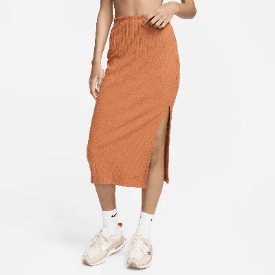 Shop Nike Women's  Sportswear Chill Knit Slim Ribbed Midi Skirt In Orange