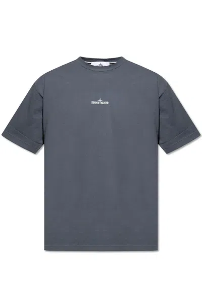 Shop Stone Island Logo Printed Crewneck T-shirt In Blue Avio