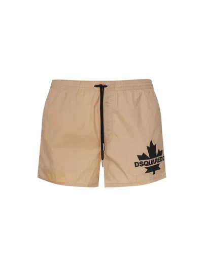 Shop Dsquared2 Swim Shorts With Contrasting Color Logo In Beige Black