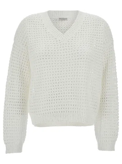 Shop Brunello Cucinelli White Pullover With V Neckline In Open-work Knit Woman In Bianco