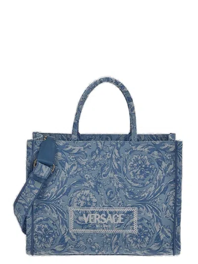 Shop Versace Athena Logo Embroidered Tote Bag In Bianco E Celeste