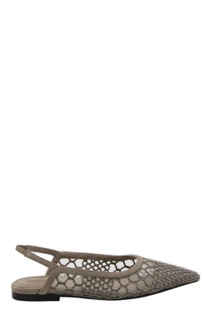 Shop Brunello Cucinelli Pointed-toe Slingback Ballerina Shoes In Mud