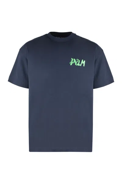 Shop Palm Angels Cotton Crew-neck T-shirt In Navy Blue/green Fluo