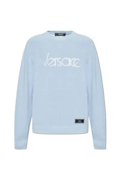 Shop Versace Sweater With Logo In Pastel Blue