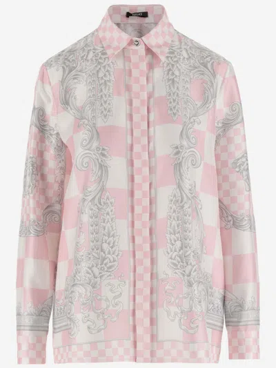 Shop Versace Silk Medusa Contrast Shirt In Pastel Pink