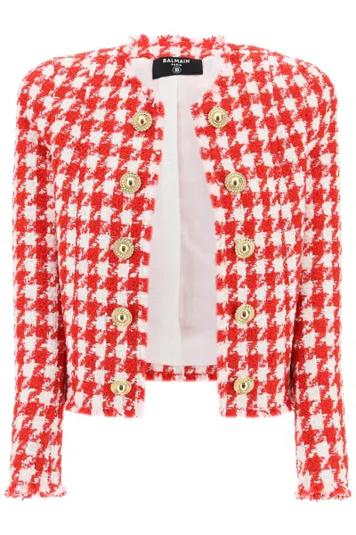 Shop Balmain Houndstooth Tweed Open Jacket In Red/white
