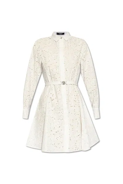 Shop Versace Sangallo Barocco-embroidered Long-sleeved Shirt Dress In White
