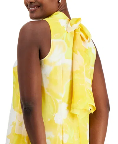 Shop Robbie Bee Women's Printed Chiffon Mock-neck Dress In Yellow,whi
