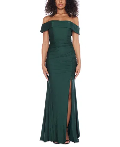 Shop B Darlin Juniors' Ruched Off-the-shoulder Gown In Hunter