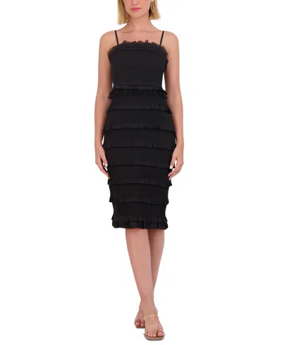 Shop Vince Camuto Petite Smocked Ruffle-trim Bodycon Dress In Black