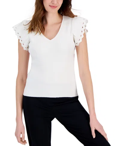 Shop T Tahari Women's Ribbed V-neck Flutter-sleeve Sweater In White Star