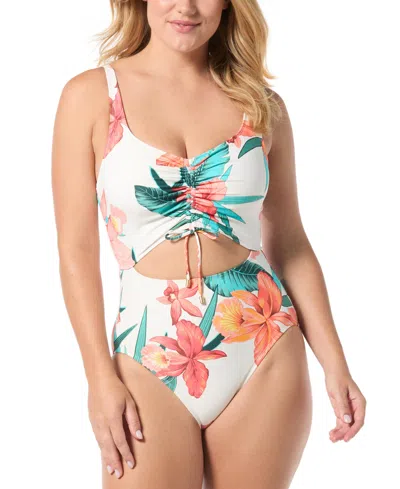 Shop Coco Reef Sassy Printed Cut-out Ruched One-piece Swimsuit In White