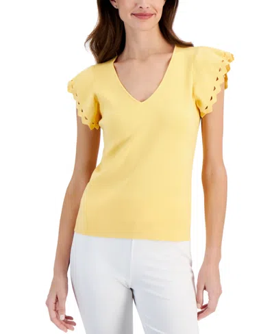 Shop T Tahari Women's Ribbed V-neck Flutter-sleeve Sweater In Sunray Yellow