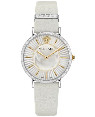 Shop Versace Women's Swiss White Leather Strap Watch 38mm In Stainless
