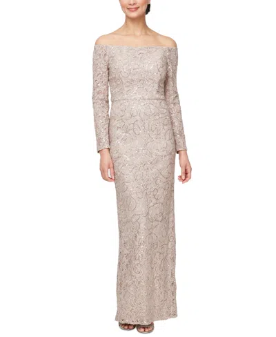 Shop Alex Evenings Women's Sequined-lace Off-the-shoulder Gown In Buff