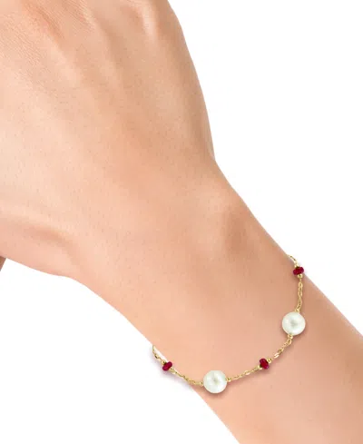 Shop Effy Collection Effy Freshwater Pearl (8mm) & Ruby (2-5/8 Ct. T.w.) Chain Bracelet In 14k Gold In Yellow Gol