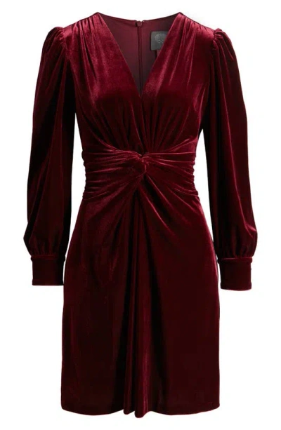 Shop Vince Camuto Twist Front Long Sleeve Velvet Fit & Flare Dress In Wine
