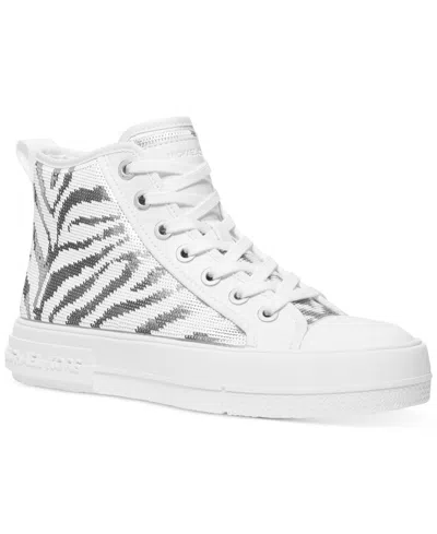 Shop Michael Kors Michael  Women's Zebra Sequin High-top Sneakers In Optic White,silver