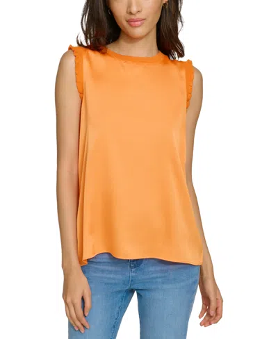 Shop Karl Lagerfeld Women's Mixed-media Ruffle-trim Sweater In Tangerine