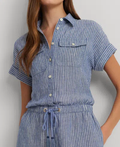 Shop Lauren Ralph Lauren Women's Linen Striped Romper In Blue,white