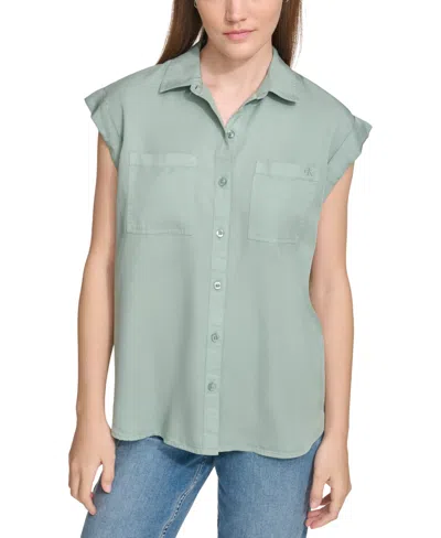 Shop Calvin Klein Jeans Est.1978 Petite Button-front Cap-sleeve Shirt In Jasper