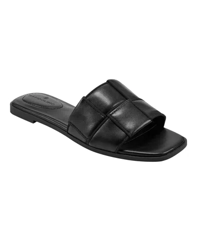 Shop Bandolino Women's Vanelli Square Toe Casual Flat Sandals In Black - Faux Leather Pu