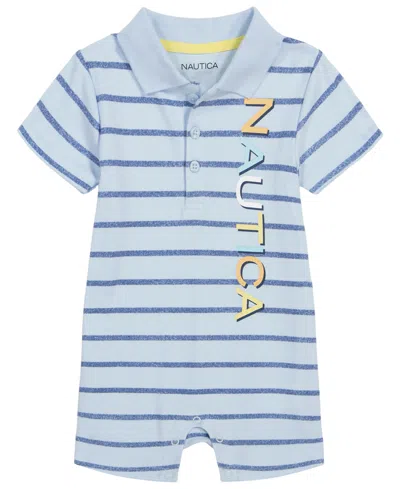Shop Nautica Baby Boys Short Sleeve Knit Polo Striped Romper In Blue,navy
