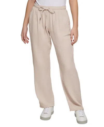 Shop Calvin Klein Jeans Est.1978 Women's Crepe Gauze Relaxed Straight-leg Drawstring-waist Pants In Birch