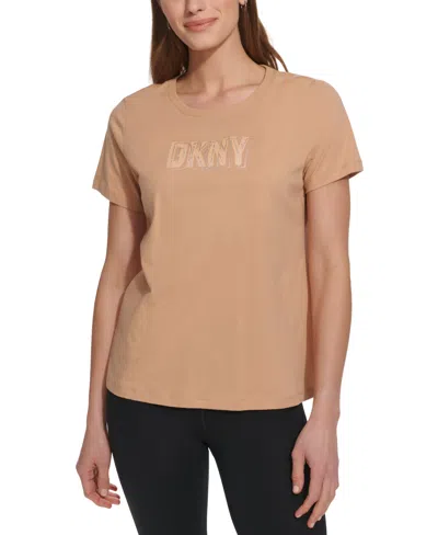 Shop Dkny Sport Women's Cotton Embellished-logo T-shirt In Praline