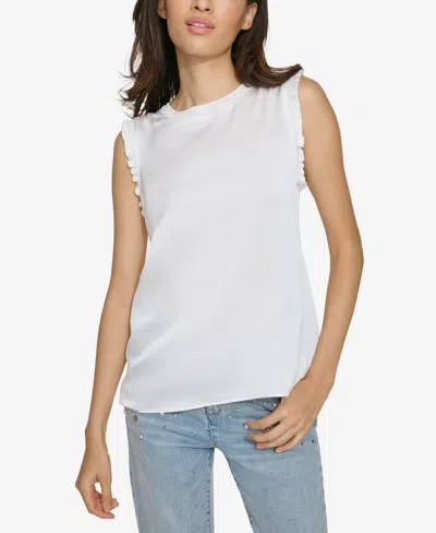 Shop Karl Lagerfeld Women's Mixed-media Ruffle-trim Sweater In Soft White