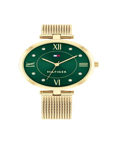 Shop Tommy Hilfiger Women's Quartz Gold-tone Stainless Steel Mesh Watch 34mm In Green