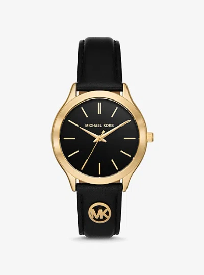 Shop Michael Kors Slim Runway Gold-tone And Leather Watch In Black