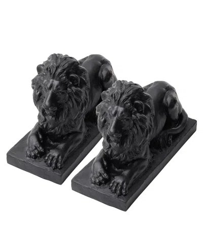 Glitzhome Set Of 2 Black Lying Lion Garden Statue In Black