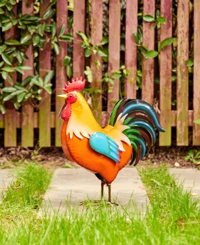 Glitzhome Metal Vibrant Standing Rooster Garden Statue In Multi
