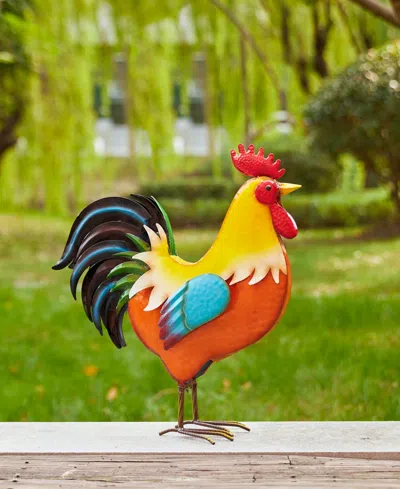 Glitzhome Metal Vibrant Standing Rooster Garden Statue In Multi
