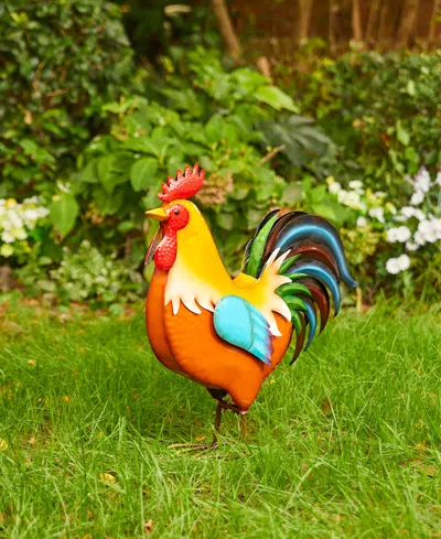 Glitzhome Metal Vibrant Standing Rooster Garden Statue In Multi
