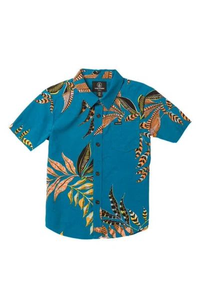 Shop Volcom Kids' Paradiso Floral Short Sleeve Button-up Shirt In Ocean Teal