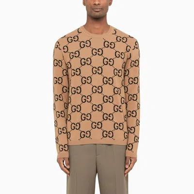 Shop Gucci Sweater In Wool Gg Camel In Beige