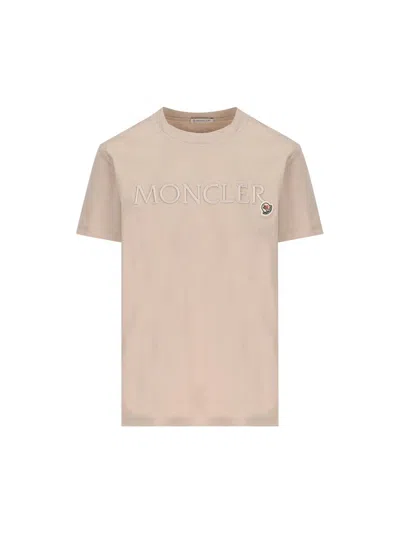 Shop Moncler Logo Embroidered Crewneck T-shirt In Beige