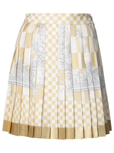 Shop Versace Barocco Checkerboard-printed Pleated Mini Skirt In Beige E Bianco