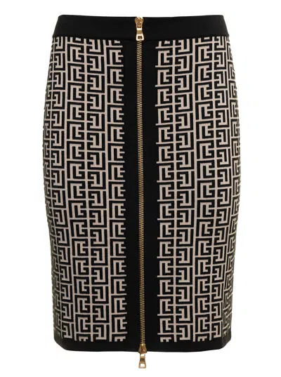 Shop Balmain Womans Monogram Wool Pencil Skirt With Zip In Black