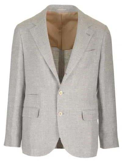 Shop Brunello Cucinelli Blazer In Linen, Wool And Silk In Grey