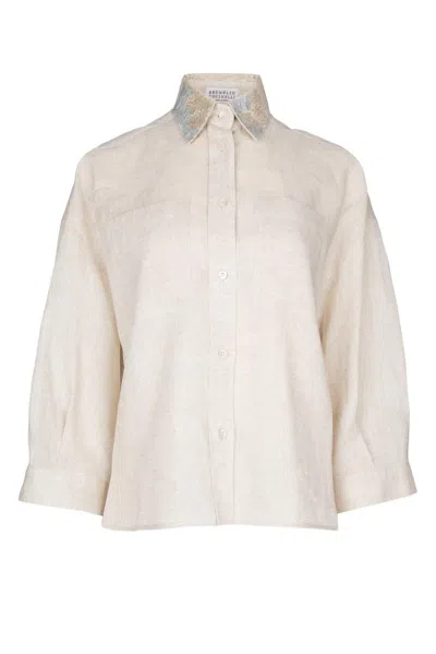 Shop Brunello Cucinelli Three-quarter Sleeved Embroidered Motif Shirt  In Natural