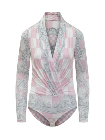 Shop Versace Bodysuit With Medusa Motif In Pastel Pink-bianco-silver