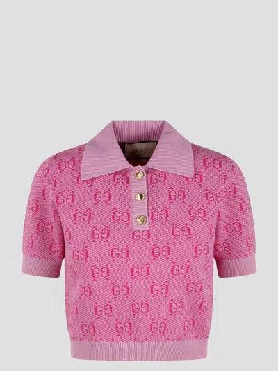 Shop Gucci Gg Wool Jacquard Polo In Pink & Purple